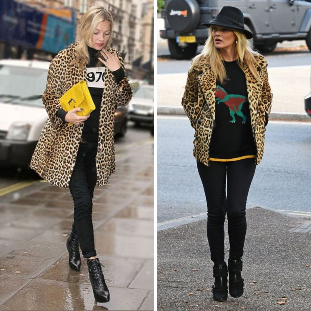 Кейт Мосс в черных джинсах и леопардовых пальто