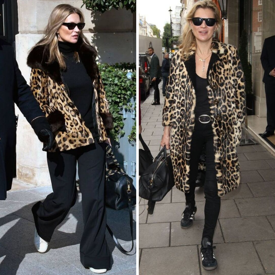 Кейт Мосс в леопардовых пальто и кроссовках